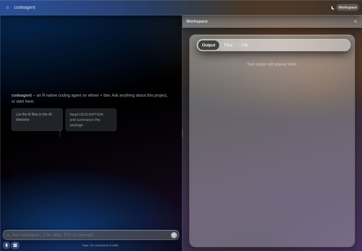 codeagent page_chat 布局的深色 Liquid Glass 主题