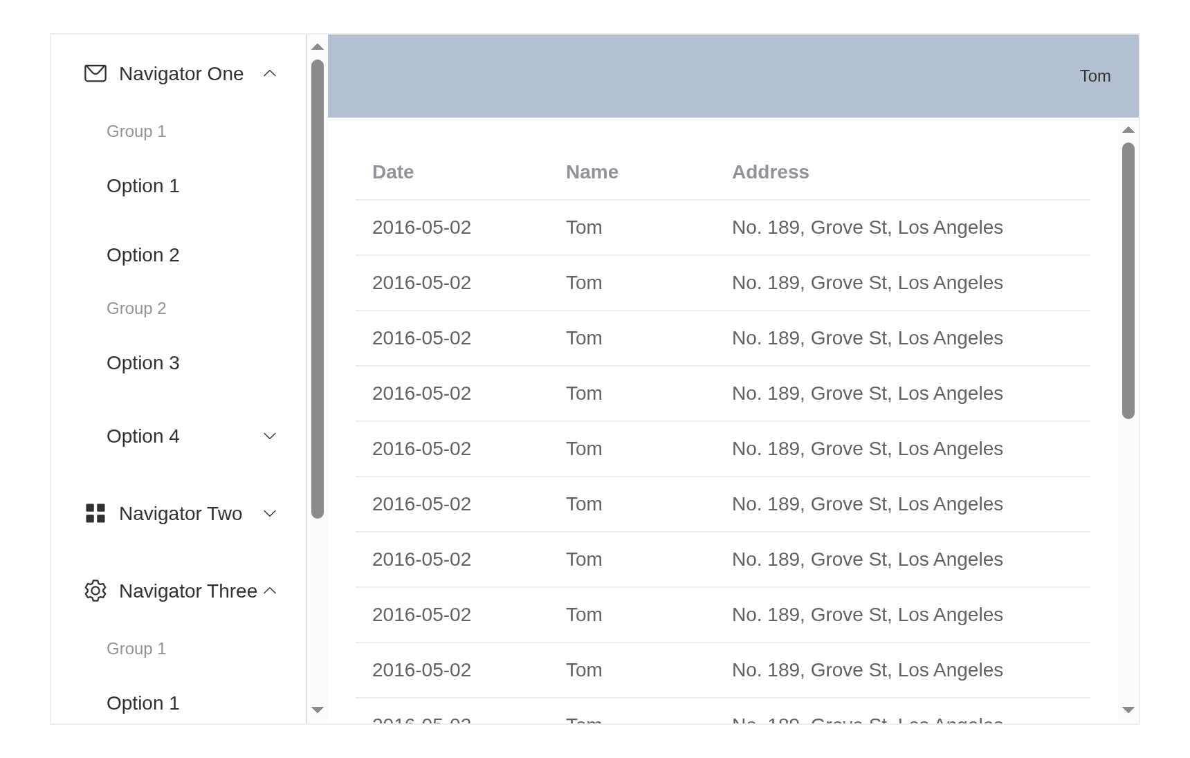 The admin-layout example, running
