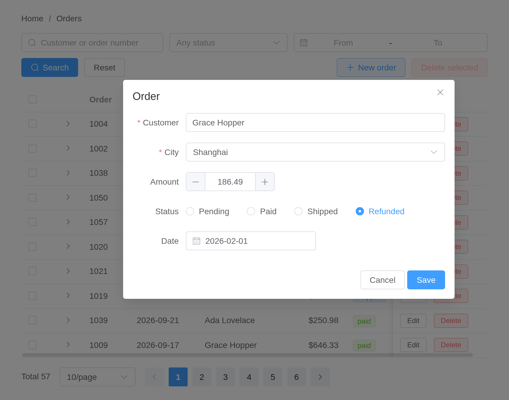 The orders-edit example, running