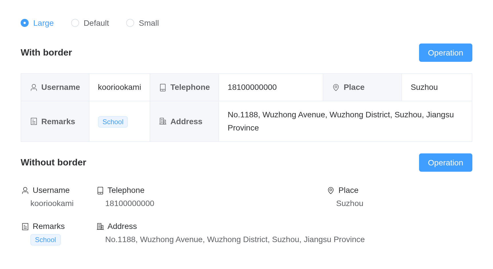 The sizes example, running